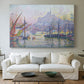Canvas art print detailing a maritime composition with vessels, centered above a sofa as a large focal wall piece