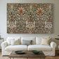 Canvas art print detailing a botanical motif with repeating curved stems on dark ground, centered above a sofa as a large focal wall piece