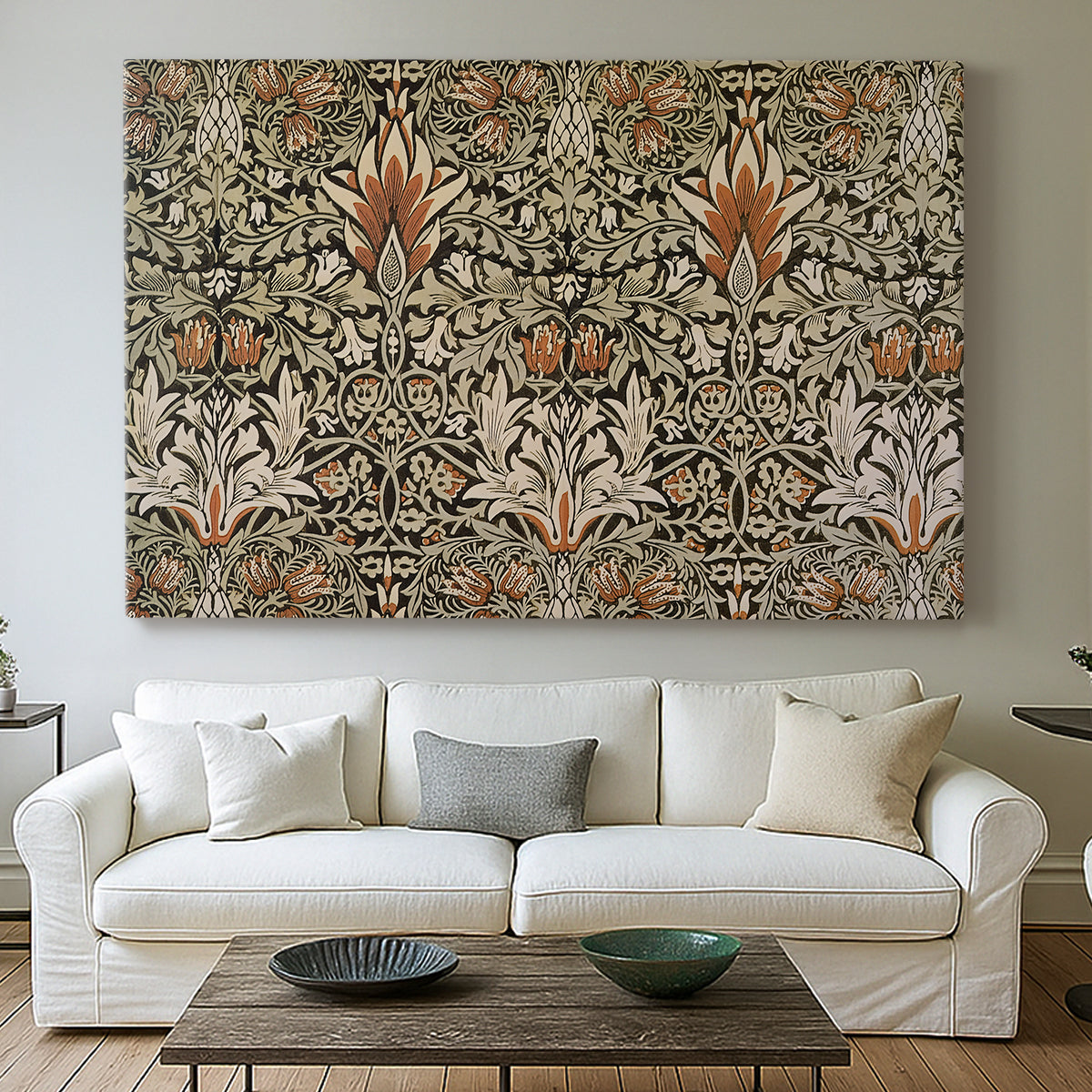 Canvas art print detailing a botanical motif with repeating curved stems on dark ground, centered above a sofa as a large focal wall piece