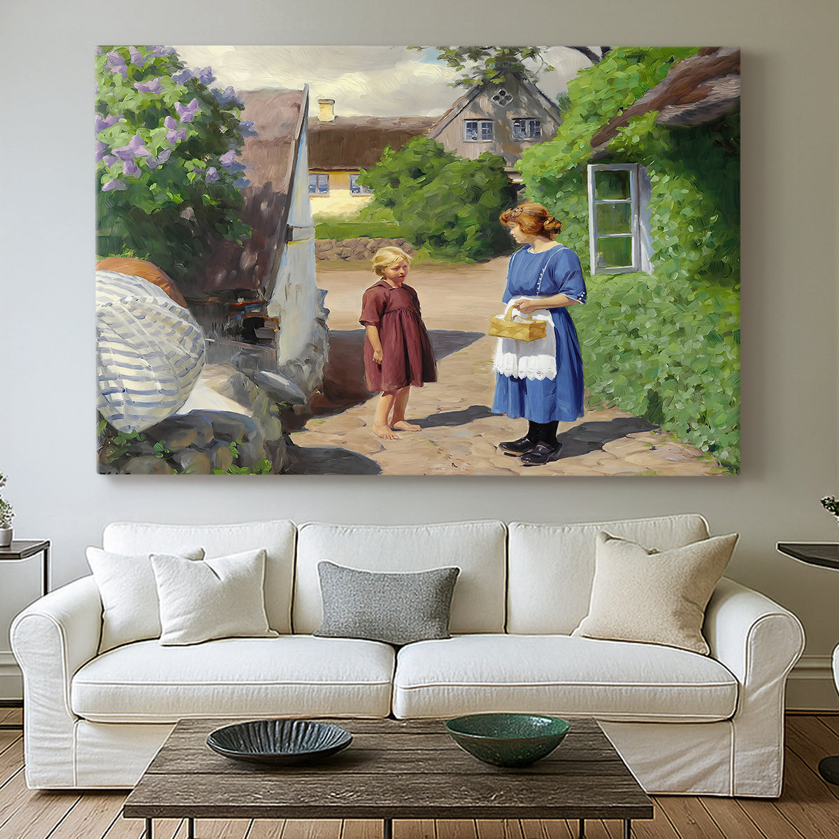 Canvas art print detailing a peaceful summer day with figures in small town environment, centered above a sofa as a large focal wall piece