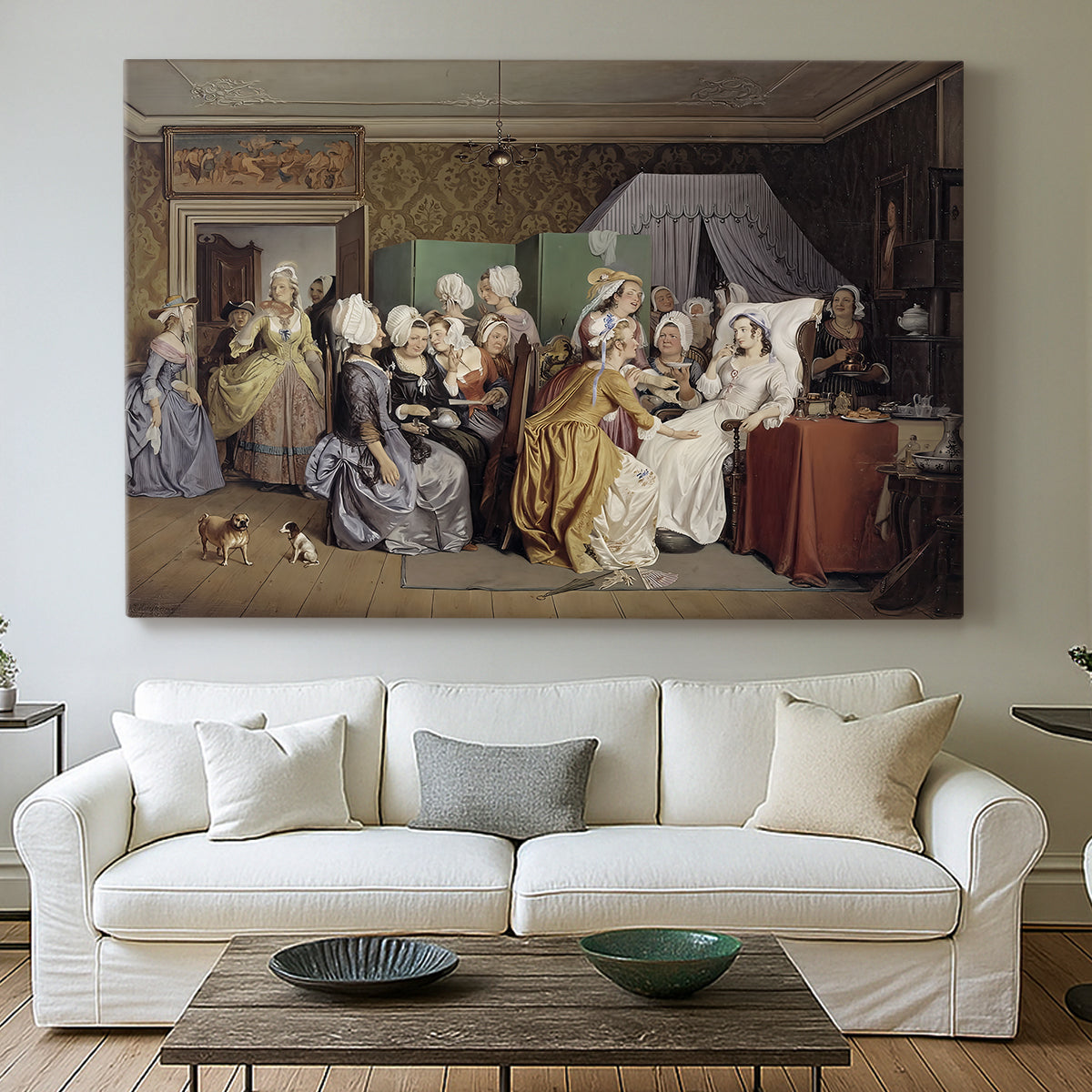 Canvas art print detailing a domestic gathering with figures arranged around bed, centered above a sofa as a large focal wall piece