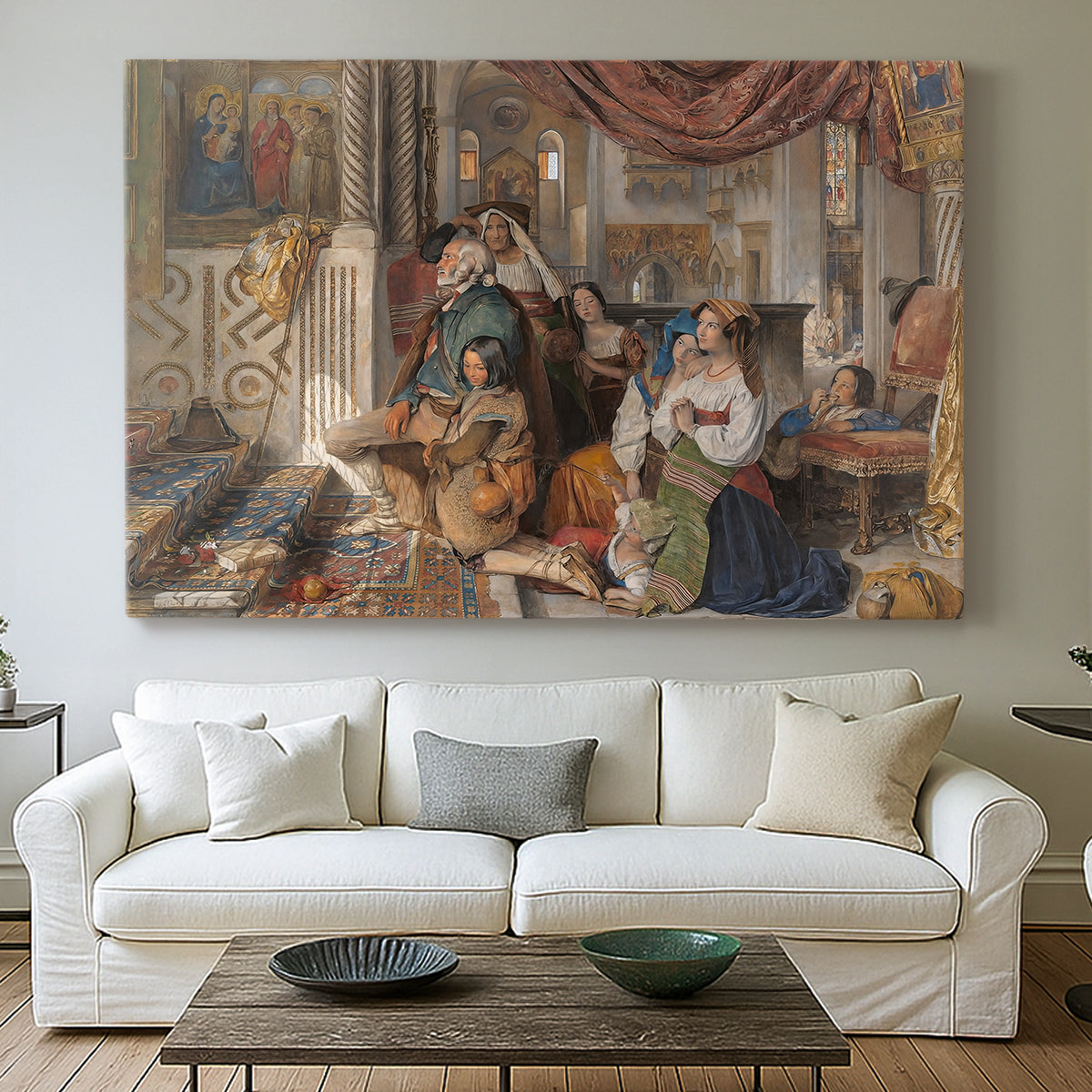 Canvas art print detailing a narrative depiction of pilgrims outdoors, centered above a sofa as a large focal wall piece