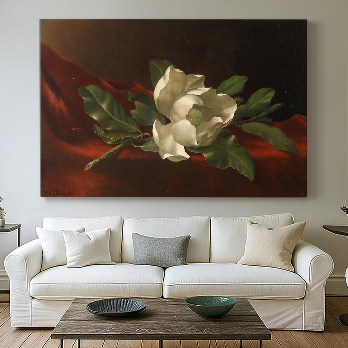 Canvas art print detailing a luminist still life emphasizing flower, centered above a sofa as a large focal wall piece