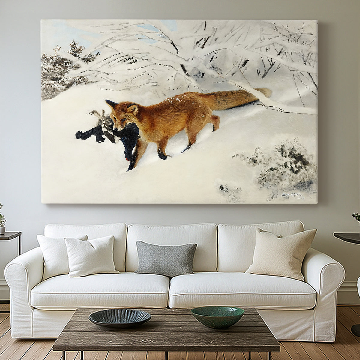 Canvas art print detailing a dynamic depiction of animal in cold snowy environment, centered above a sofa as a large focal wall piece