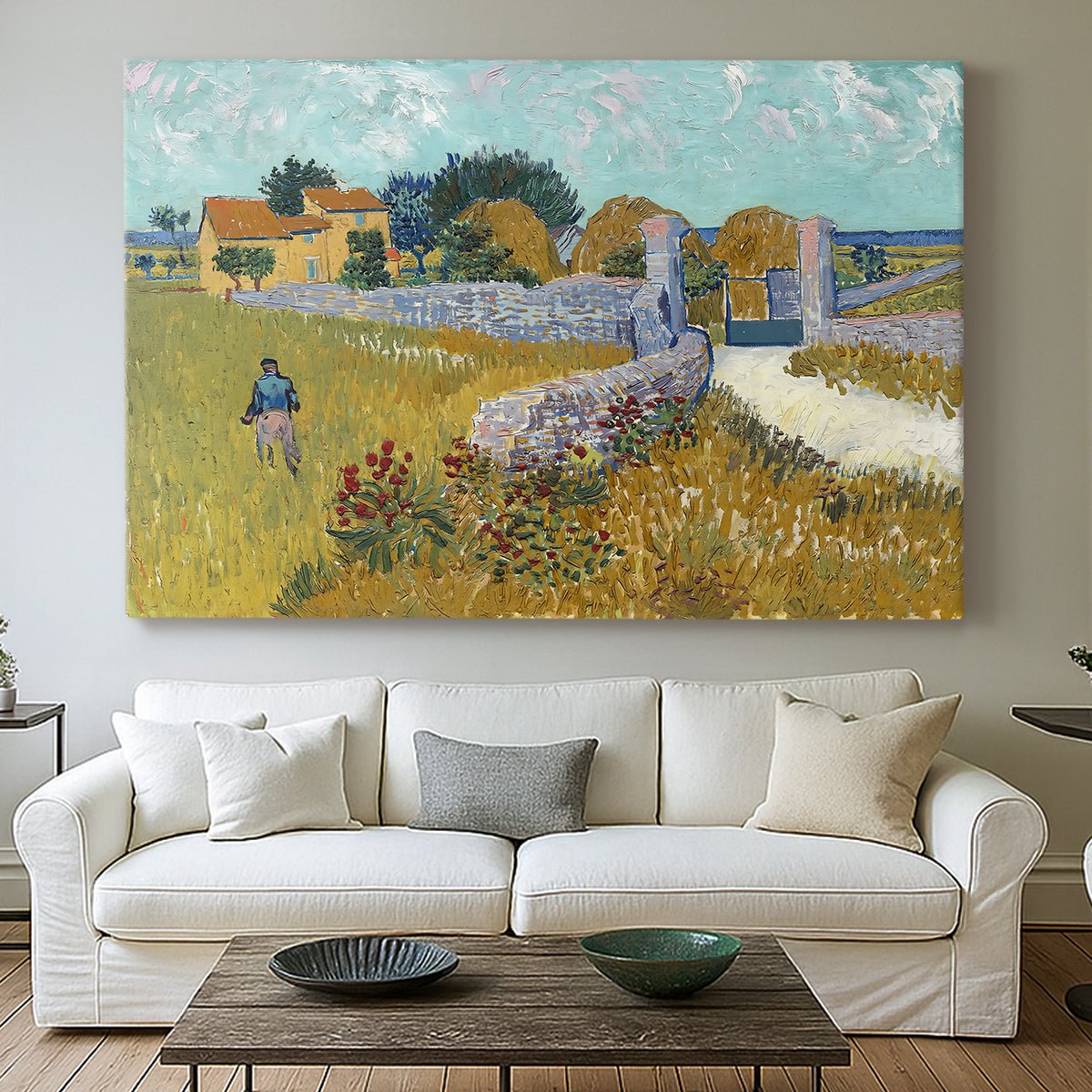 Canvas art print detailing a landscape centered on structure within bright field, centered above a sofa as a large focal wall piece