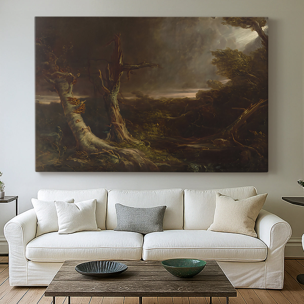 Canvas art print detailing a landscape emphasizing motion and storm intensity, centered above a sofa as a large focal wall piece