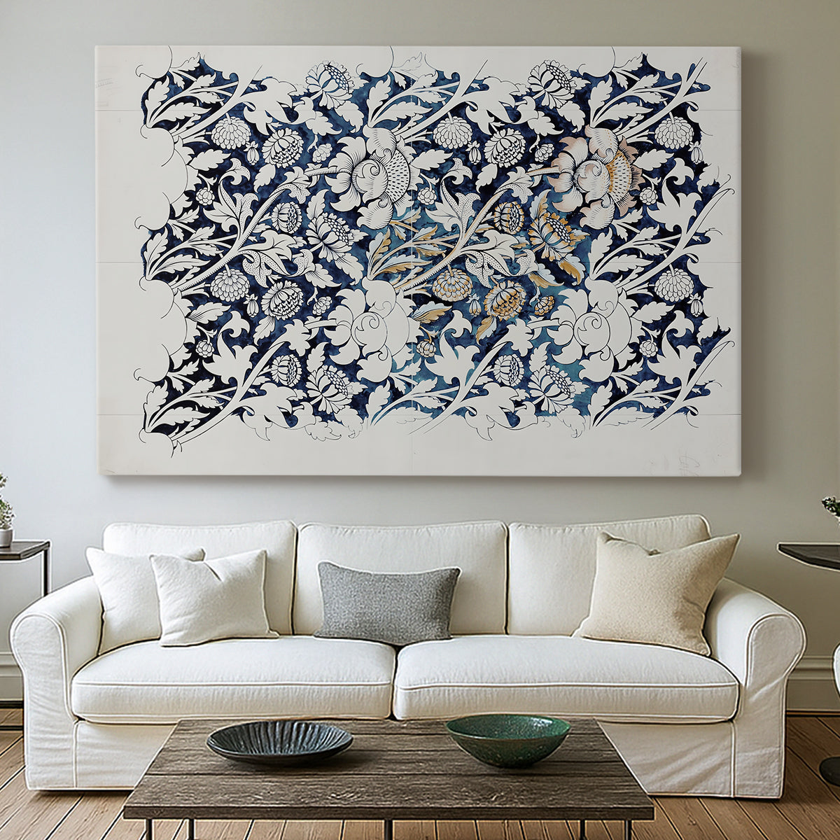 Canvas art print detailing a botanical pattern with fluid arrangement of flowers and foliage, centered above a sofa as a large focal wall piece