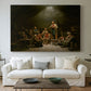 Canvas art print detailing a traditional devotional scene of community worship inside farmhouse, centered above a sofa as a large focal wall piece
