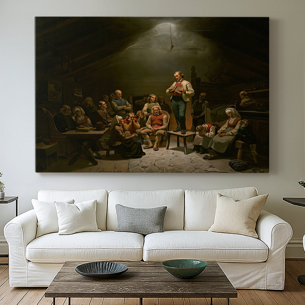 Canvas art print detailing a traditional devotional scene of community worship inside farmhouse, centered above a sofa as a large focal wall piece