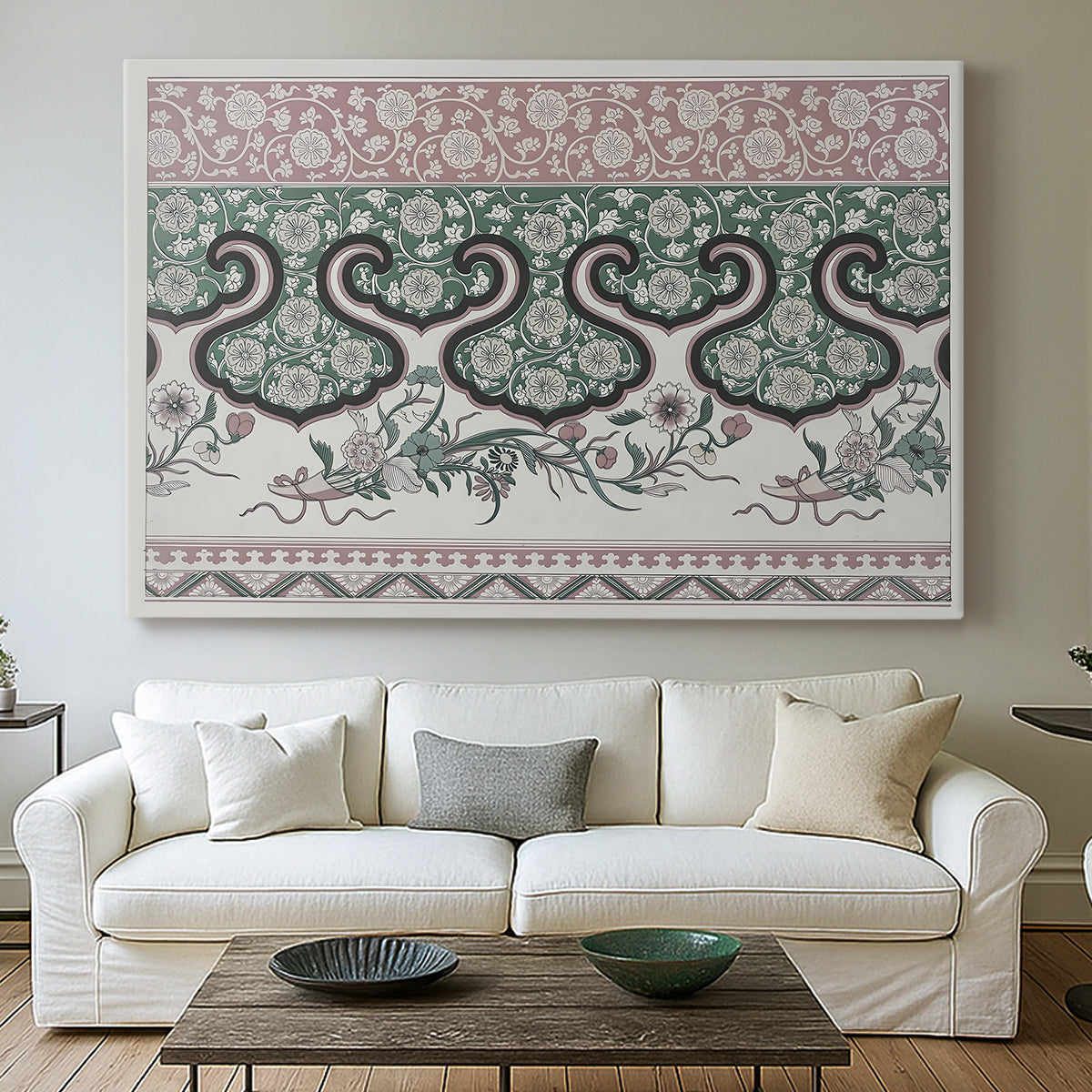 Canvas art print detailing a textile-style design with repeating curved and linear shapes, centered above a sofa as a large focal wall piece