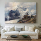 Canvas art print detailing an alpine peak dominating surrounding terrain, centered above a sofa as a large focal wall piece