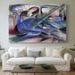 Canvas art print detailing a modern depiction of horse blending into colorful surroundings, centered above a sofa as a large focal wall piece