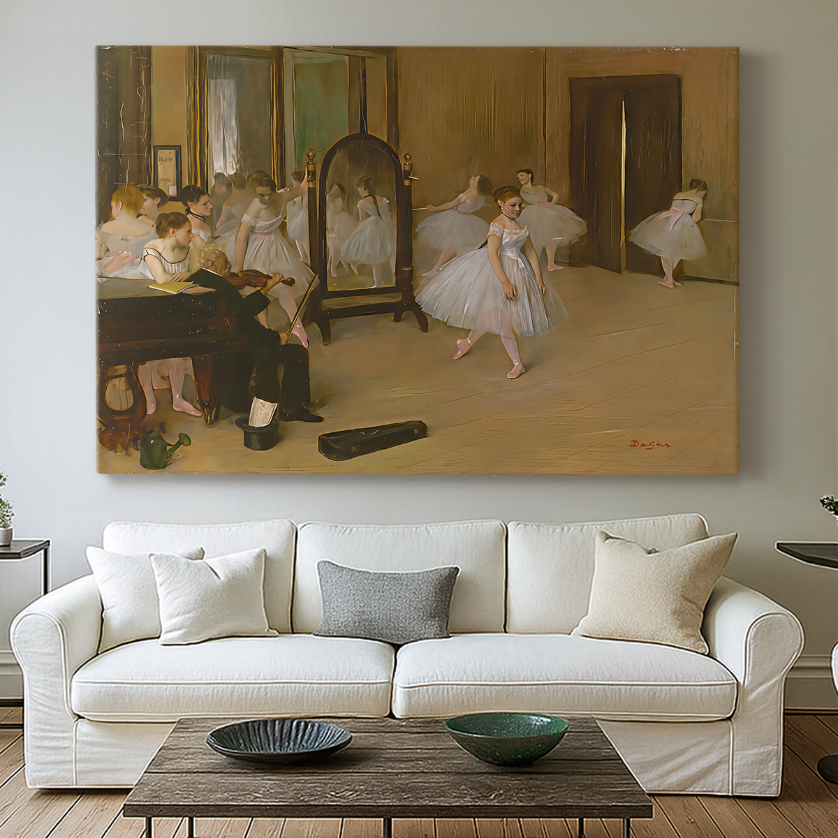 Canvas art print detailing a group of dancers mid-practice with teacher overseeing, centered above a sofa as a large focal wall piece