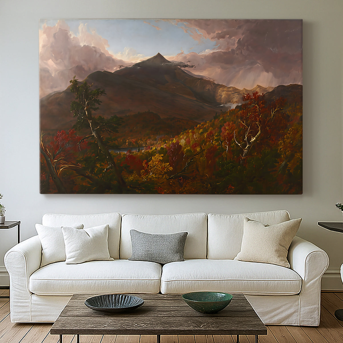 Canvas art print detailing a landscape emphasizing atmosphere and depth, centered above a sofa as a large focal wall piece