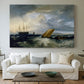 Canvas art print detailing an expressive coastal composition, centered above a sofa as a large focal wall piece