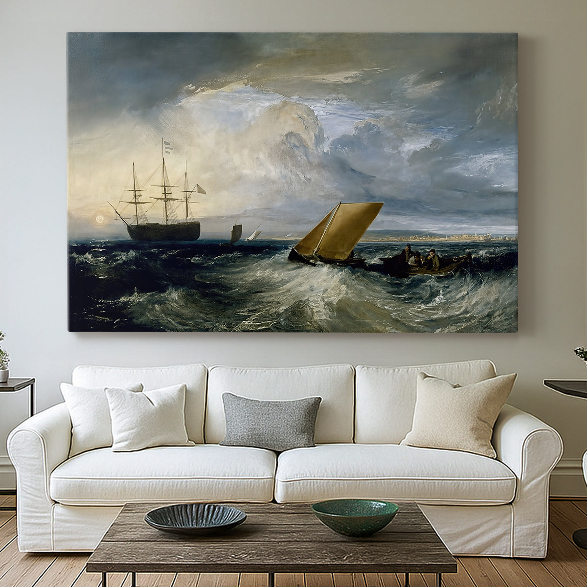 Canvas art print detailing an expressive coastal composition, centered above a sofa as a large focal wall piece