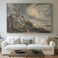 Canvas art print detailing a countryside view with mill and water, centered above a sofa as a large focal wall piece