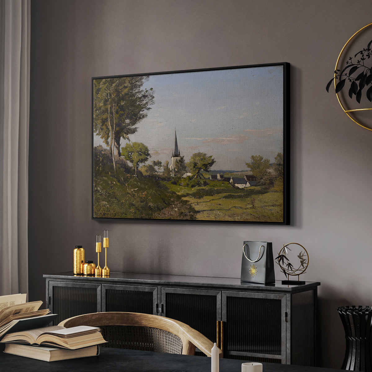 Village Landscape with Church, 1891 - Floater Framed Canvas Print