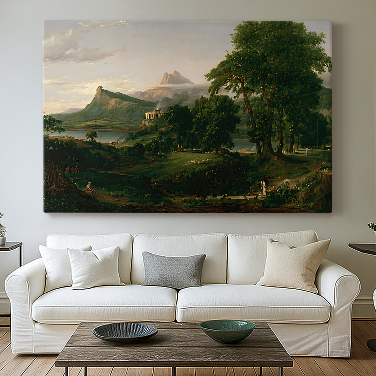 Canvas art print detailing a countryside composition showing harmony between people and land, centered above a sofa as a large focal wall piece