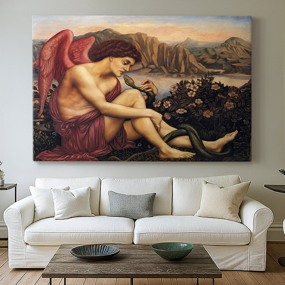 Canvas art print detailing a symbolic imagery of purity overcoming evil forces, centered above a sofa as a large focal wall piece
