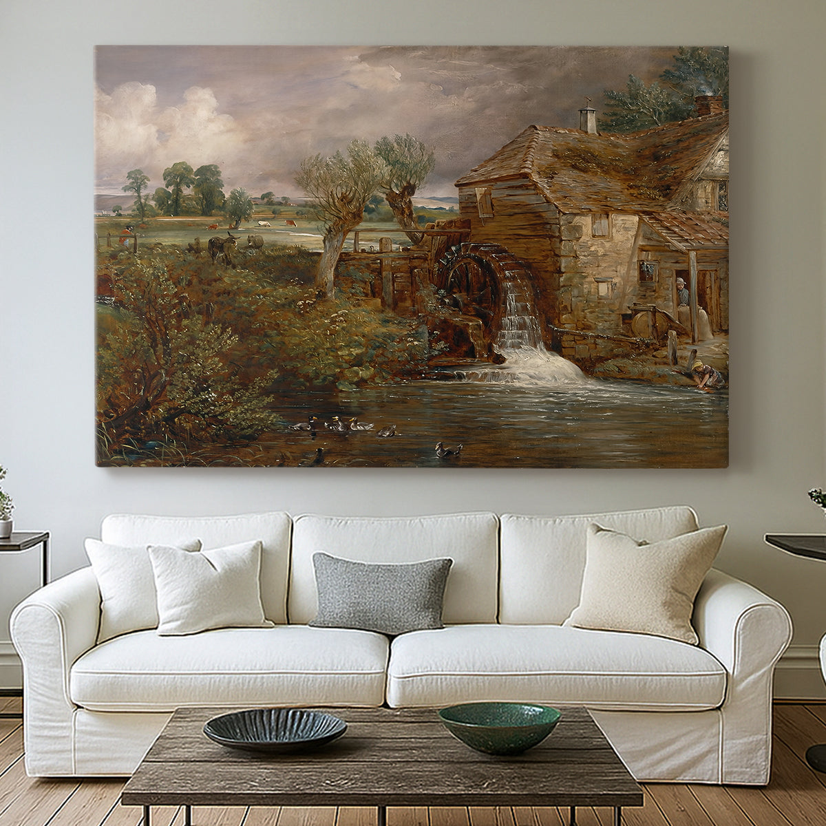 Canvas art print detailing a pastoral view featuring mill, centered above a sofa as a large focal wall piece