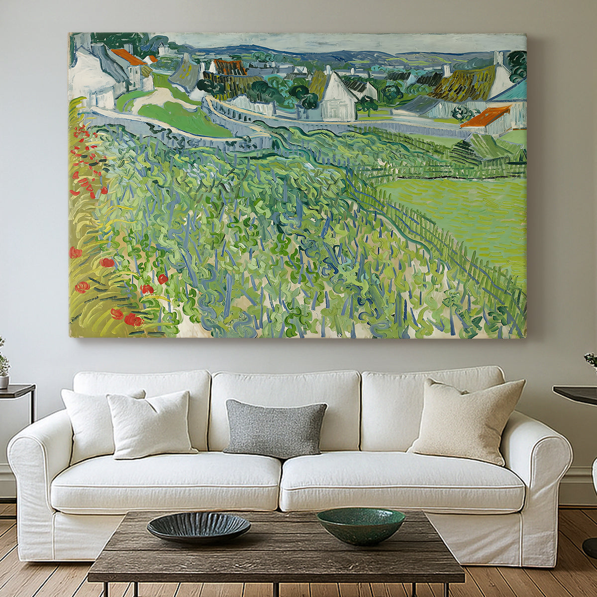 Canvas art print detailing a stylized vineyard landscape with depth, centered above a sofa as a large focal wall piece