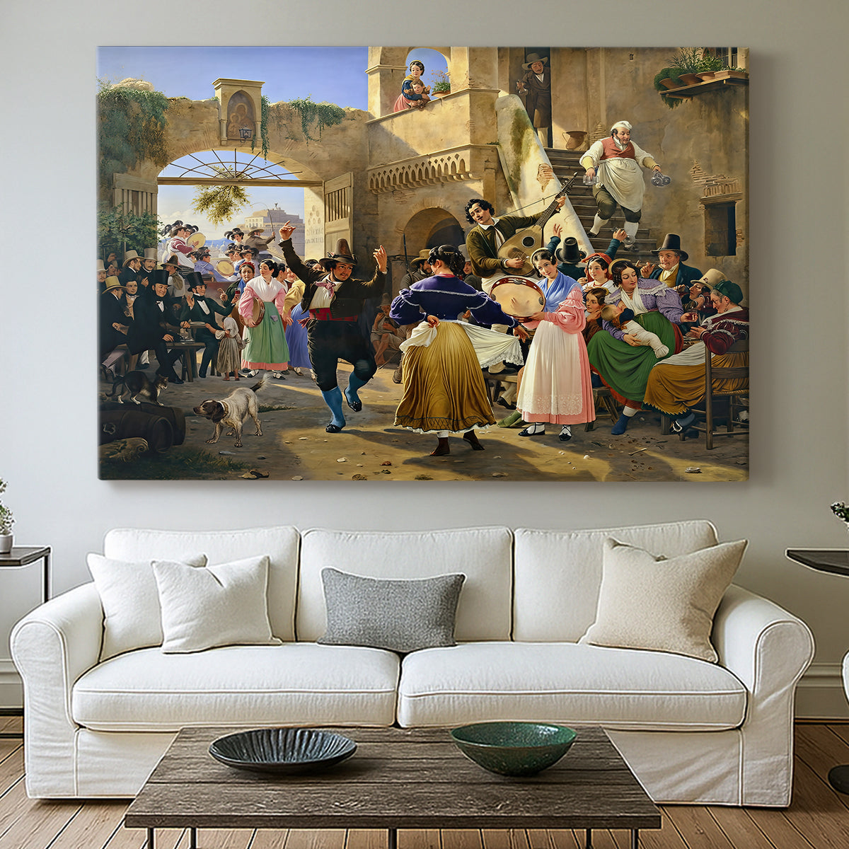 Canvas art print detailing an interior composition filled with figures in festive interaction, centered above a sofa as a large focal wall piece