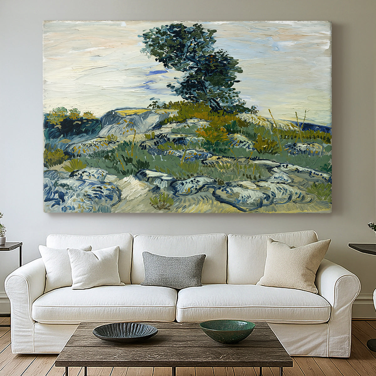 Canvas art print detailing a stylized composition emphasizing structure of rocks, centered above a sofa as a large focal wall piece