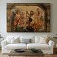 Canvas art print detailing an expressive devotional setting, centered above a sofa as a large focal wall piece