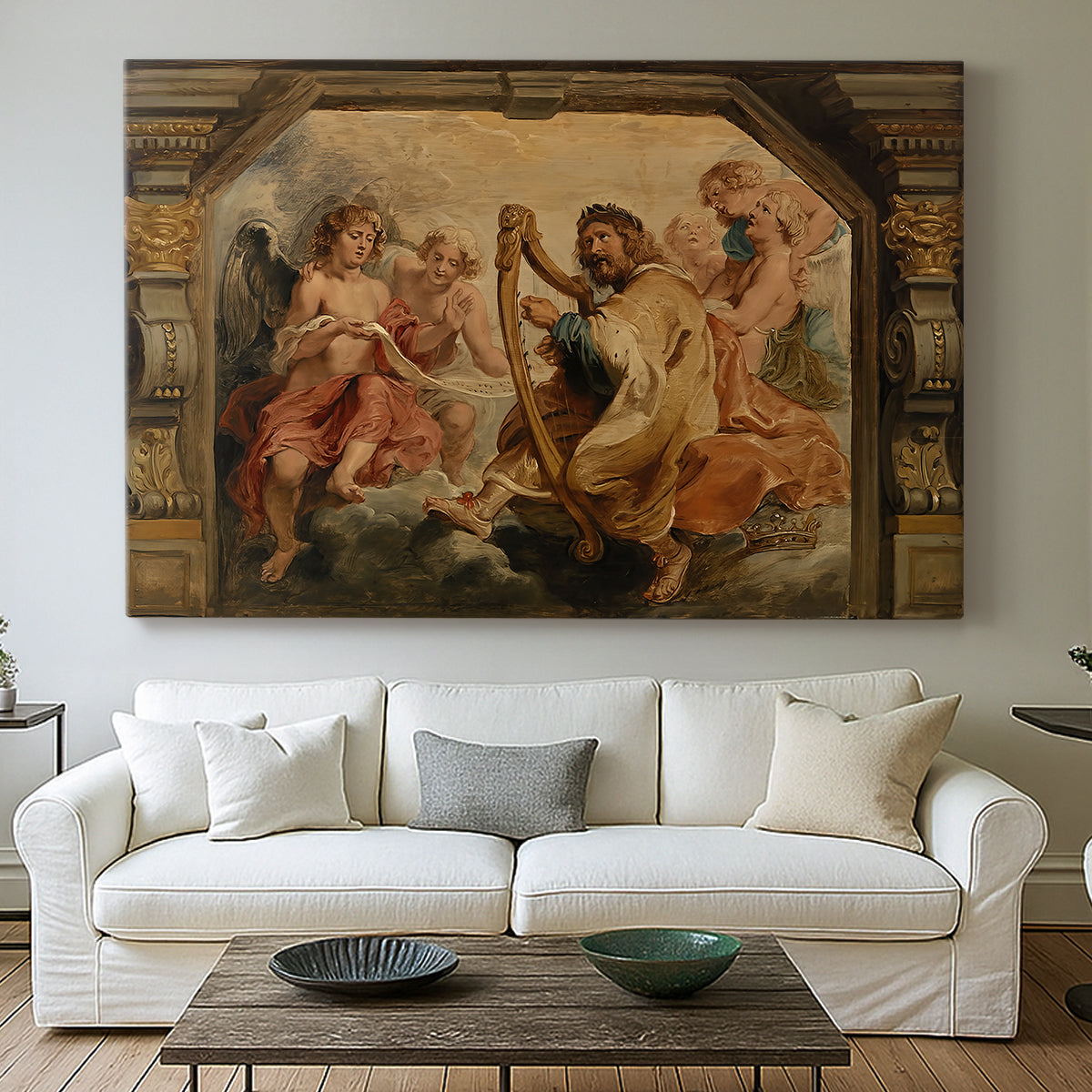 Canvas art print detailing an expressive devotional setting, centered above a sofa as a large focal wall piece