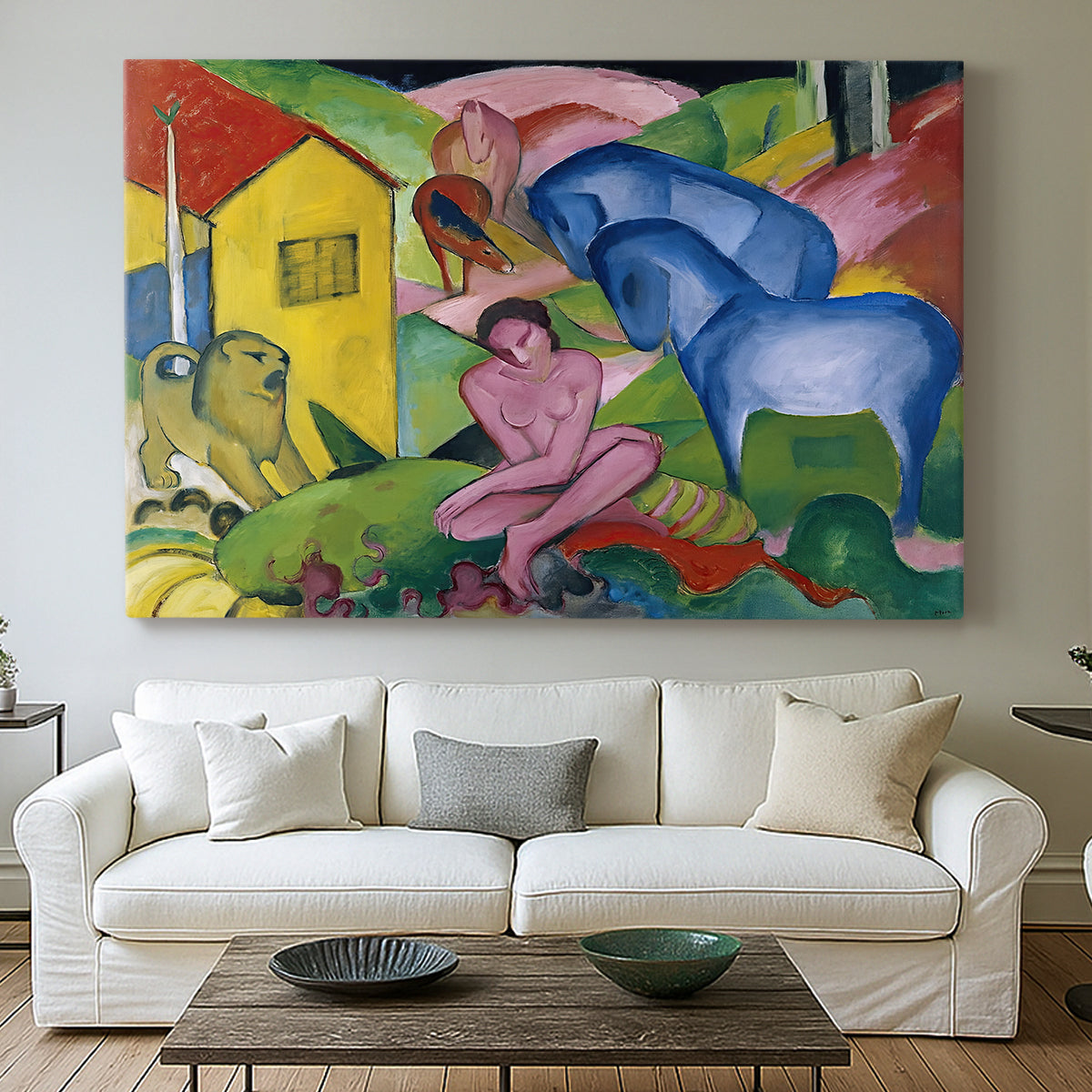 Canvas art print detailing a dreamlike abstract painting with layered shapes and color blocks, centered above a sofa as a large focal wall piece