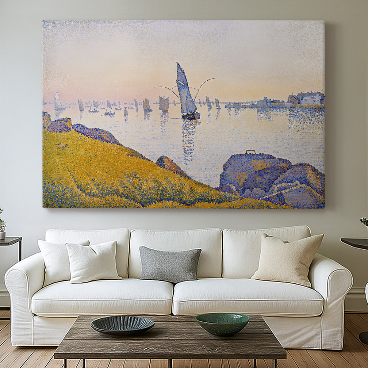 Canvas art print detailing a maritime stillness, centered above a sofa as a large focal wall piece