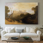 Canvas art print detailing a scenic composition combining palace and countryside, centered above a sofa as a large focal wall piece
