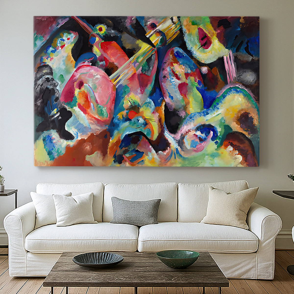 Canvas art print detailing an abstract arrangement with strong movement and color interaction, centered above a sofa as a large focal wall piece
