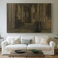 Canvas art print detailing a serene church scene emphasizing space and light, centered above a sofa as a large focal wall piece