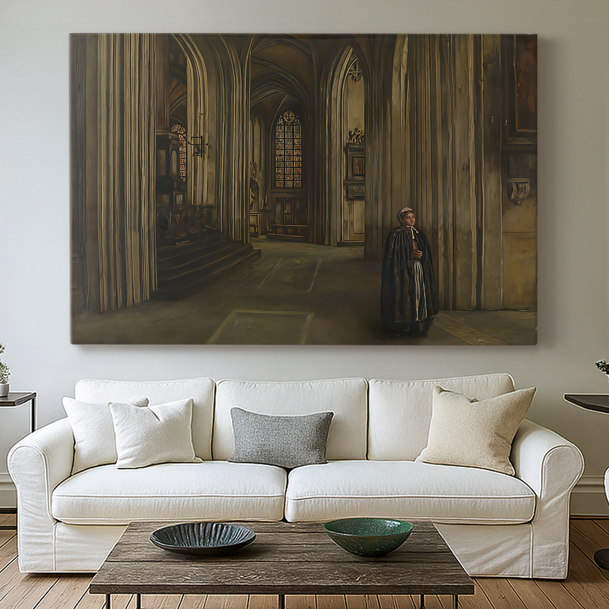 Canvas art print detailing a serene church scene emphasizing space and light, centered above a sofa as a large focal wall piece