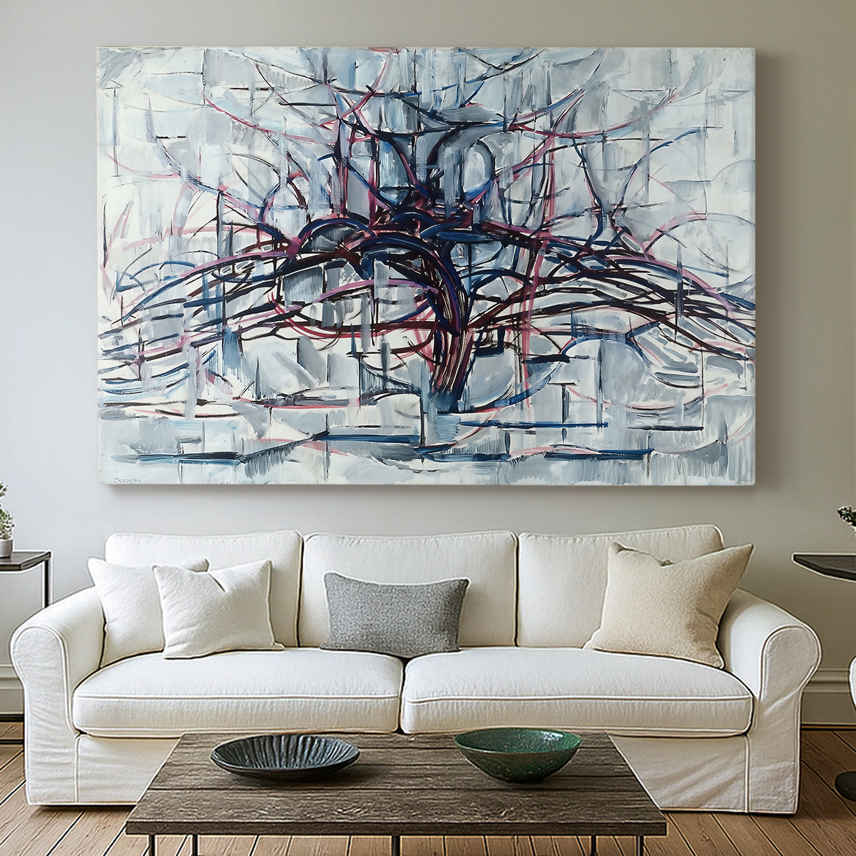 Canvas art print detailing an expressive study of natural form transitioning to abstraction, centered above a sofa as a large focal wall piece