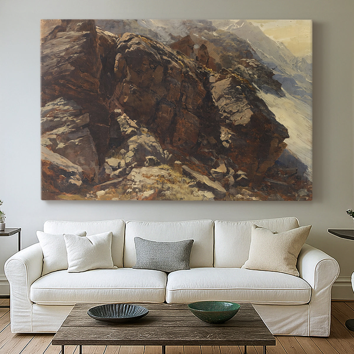 Canvas art print detailing a realistic depiction of mountainous terrain under open sky, centered above a sofa as a large focal wall piece