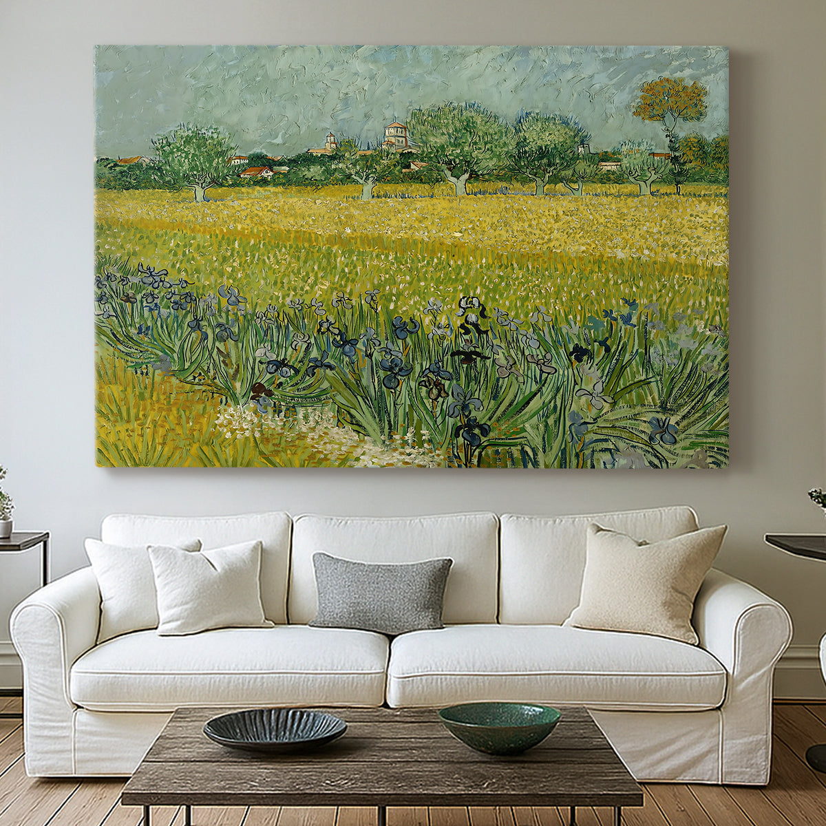 Canvas art print detailing a stylized composition emphasizing color and pattern, centered above a sofa as a large focal wall piece