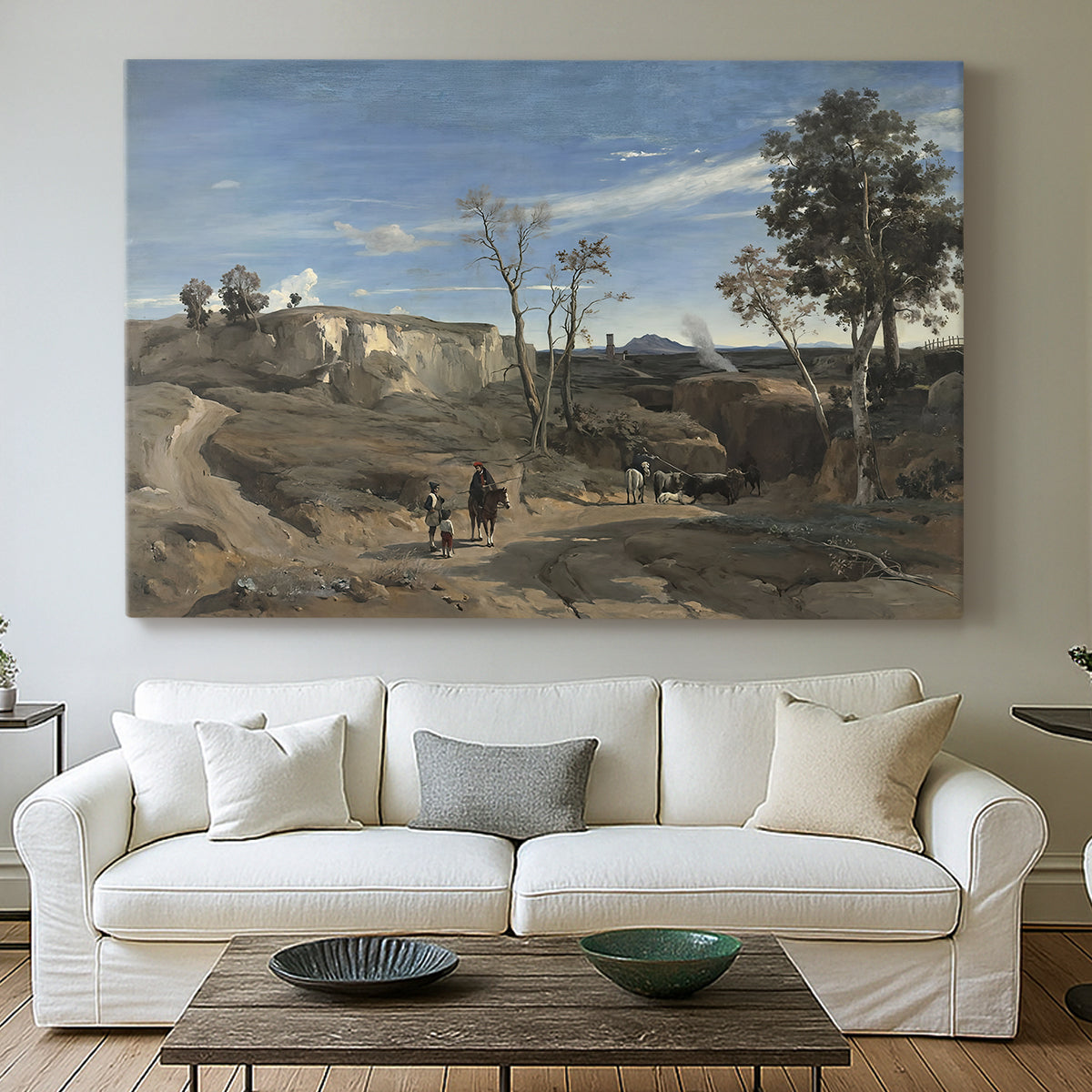 Canvas art print detailing a tranquil countryside scene with soft tonal depth, centered above a sofa as a large focal wall piece