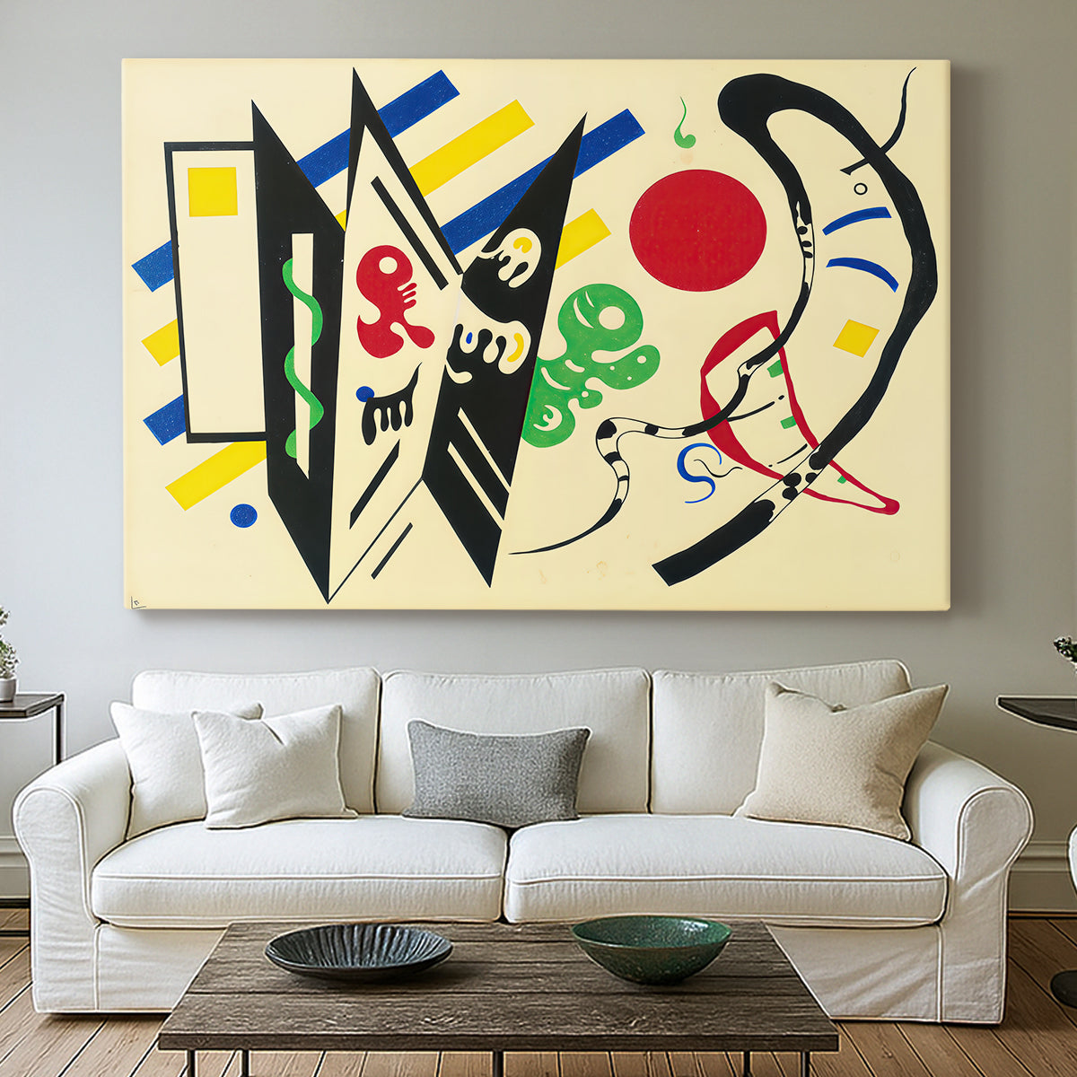 Canvas art print detailing a stylized composition with shapes and directional movement, centered above a sofa as a large focal wall piece