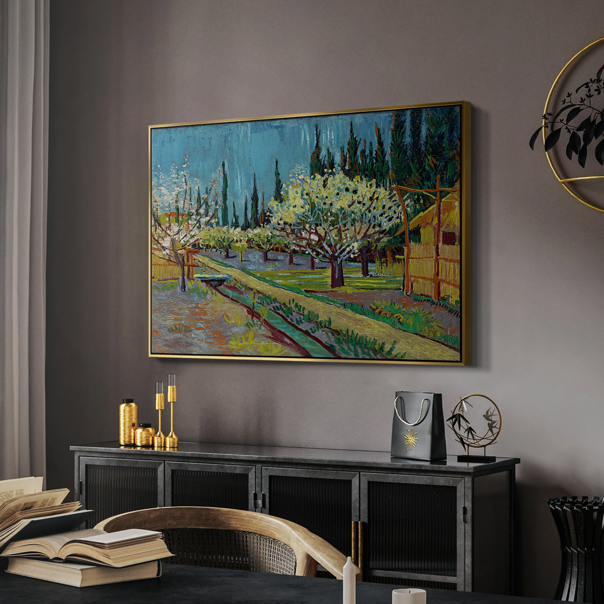 Orchard in Blossom, Bordered by Cypresses, 1888 - Floater Framed Canvas Print