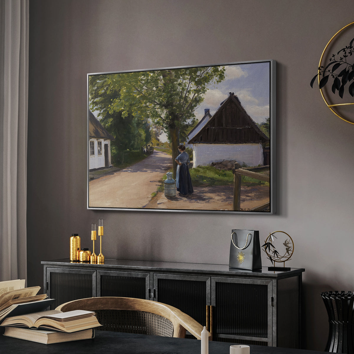 Danish Village Street with Woman and Milkman, 1880 - Floater Framed Canvas Print