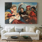 Canvas art print detailing a devotional composition with multiple saints surrounding central pair, centered above a sofa as a large focal wall piece