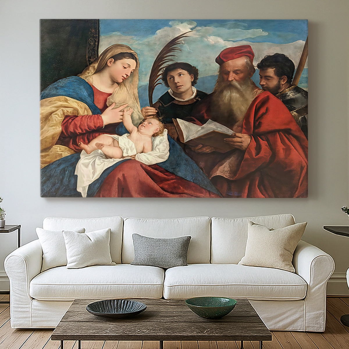 Canvas art print detailing a devotional composition with multiple saints surrounding central pair, centered above a sofa as a large focal wall piece