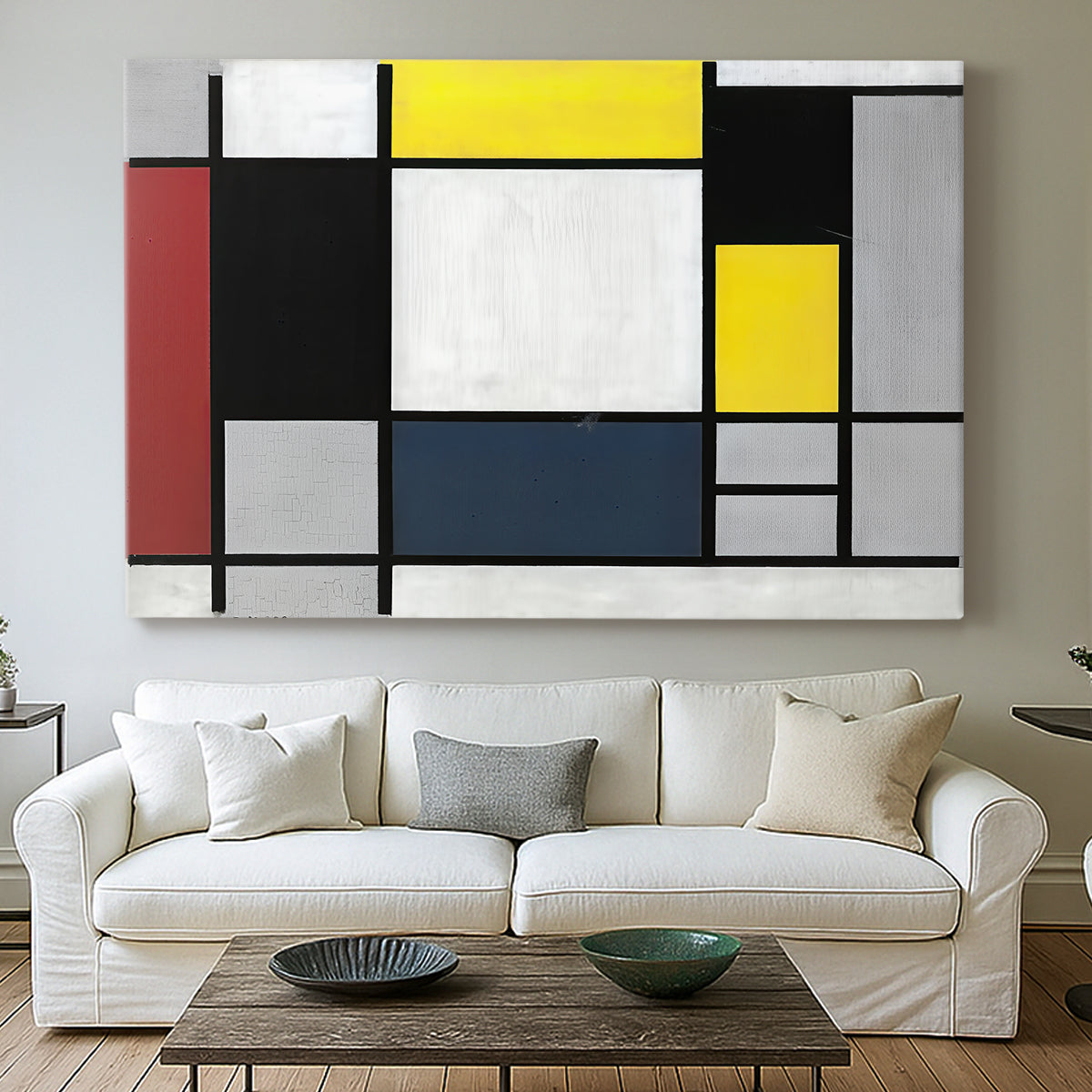 Canvas art print detailing a modernist structure, centered above a sofa as a large focal wall piece
