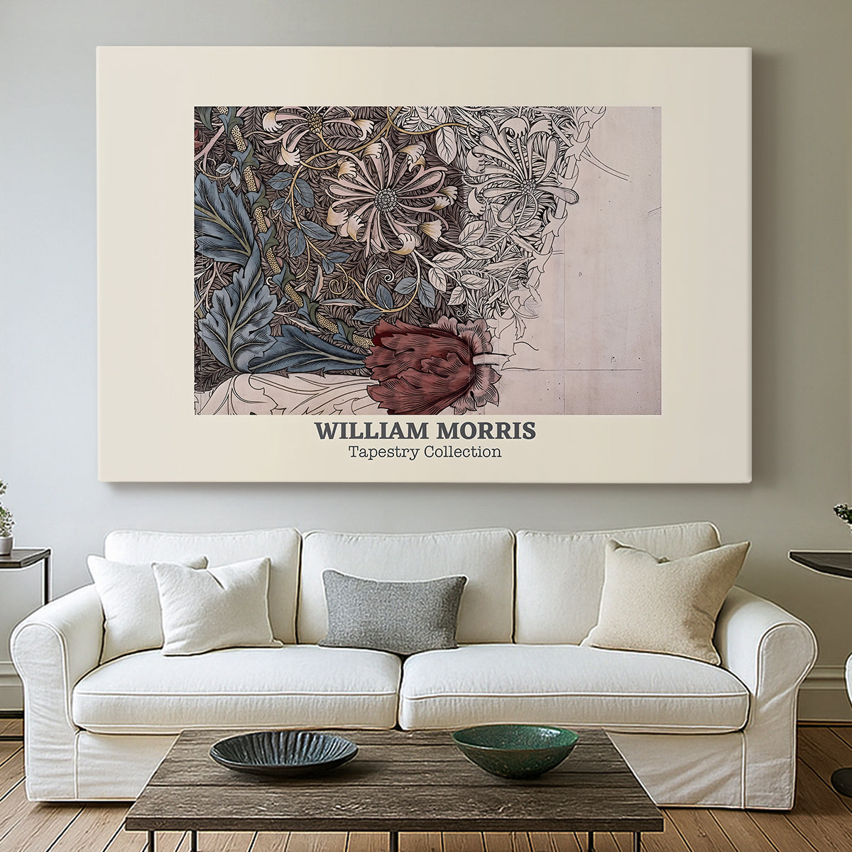 Canvas art print detailing a repeating vine motif with flowers and curved leaf forms, centered above a sofa as a large focal wall piece