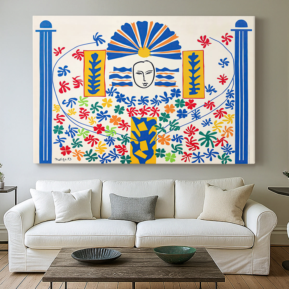 Canvas art print detailing a decorative artwork with geometric motifs and vibrant colors, centered above a sofa as a large focal wall piece