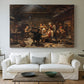 Canvas art print detailing a realistic interior with figures gathered around a hunter displaying his catch, centered above a sofa as a large focal wall piece