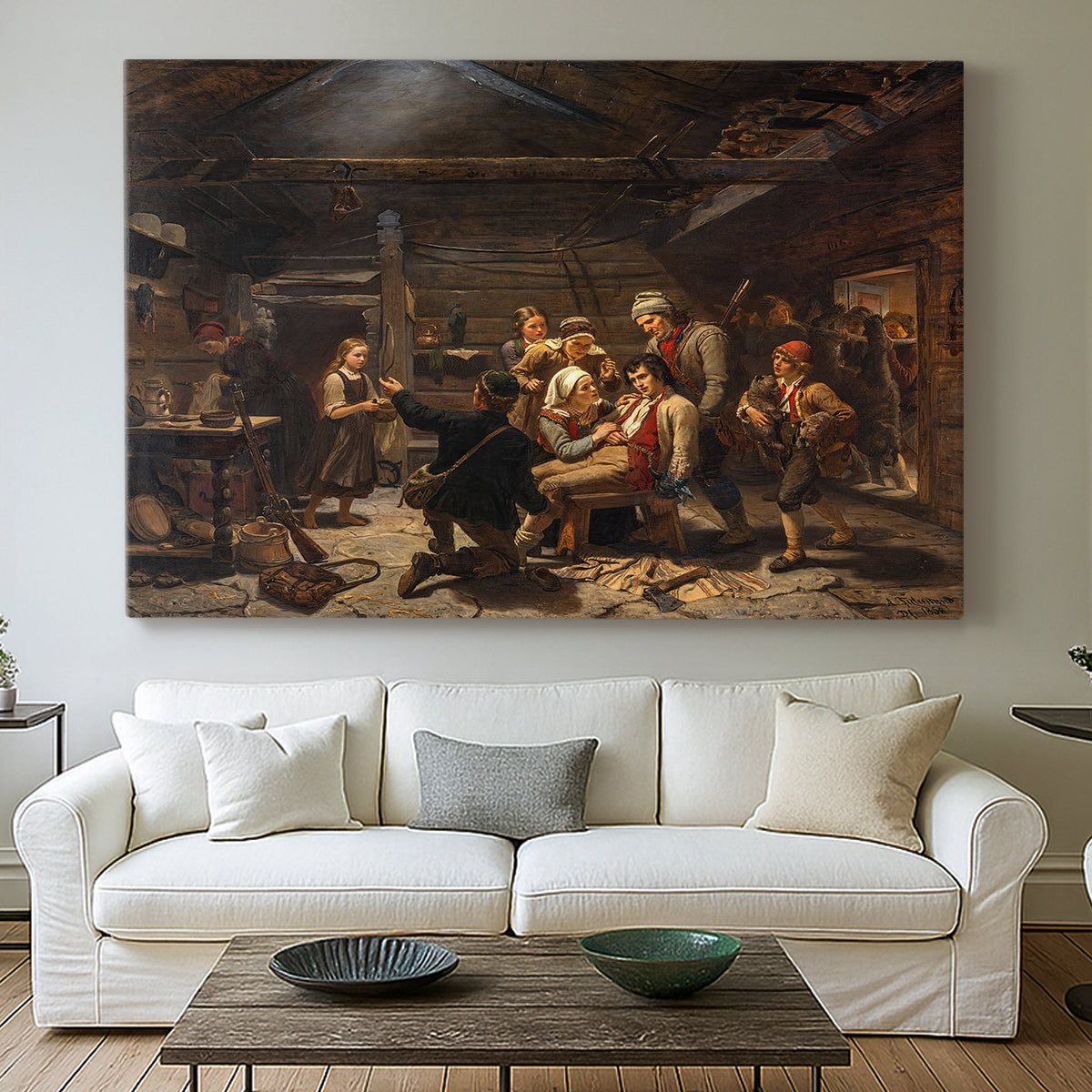 Canvas art print detailing a realistic interior with figures gathered around a hunter displaying his catch, centered above a sofa as a large focal wall piece